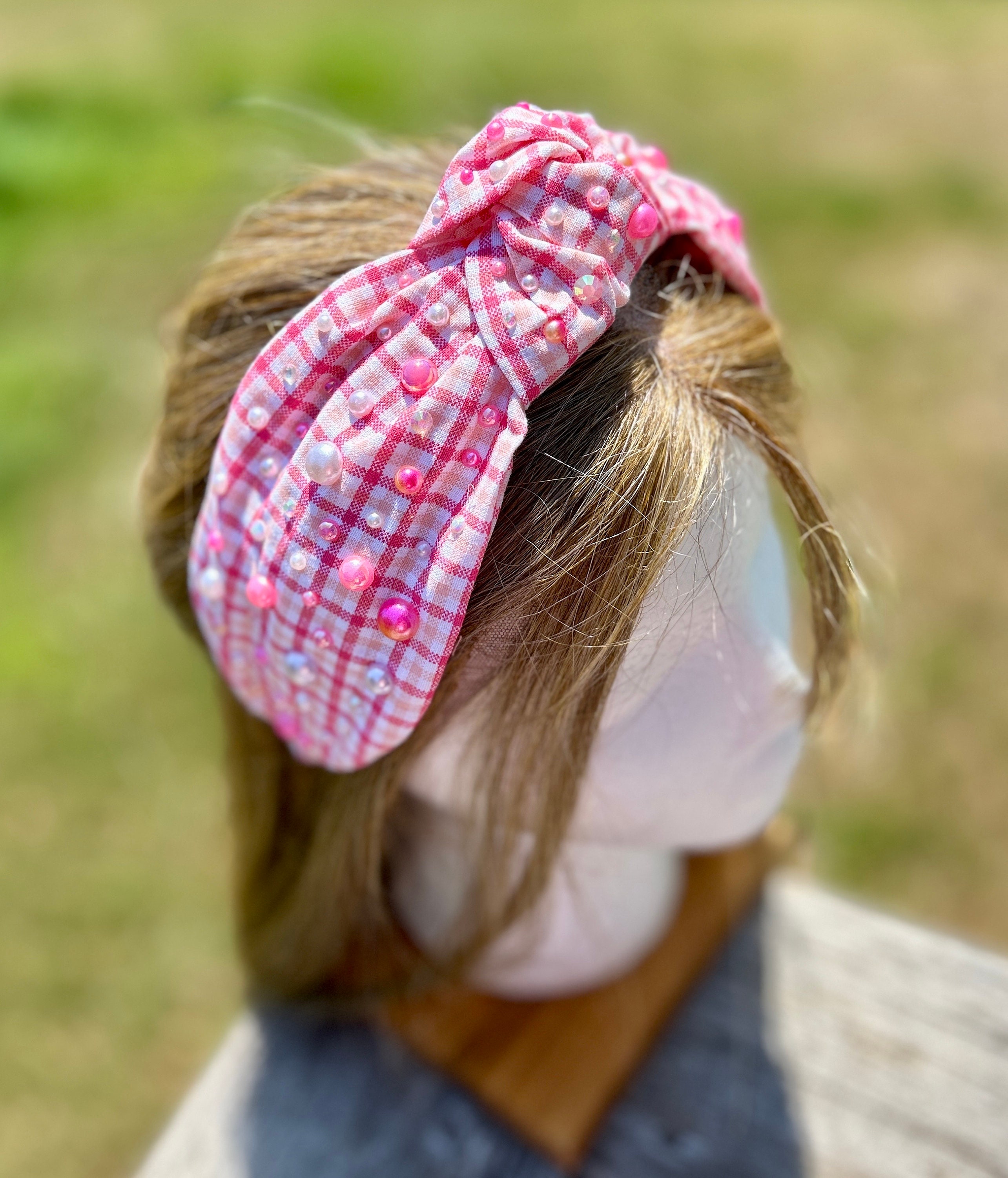 Luxury Pink & Beige Plaid Knotted Fashion Headband Pink Plaid Top Knot Headband, Embellished Hair Piece  main image 3