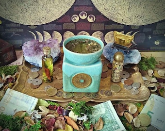 Mini autel pour de l'argent, finance la prospérité, abondance, n'importe quand, n'importe où, autel de voyage, sorcière, wicca, hoodoo, magie folklorique avec de l'huile et des herbes