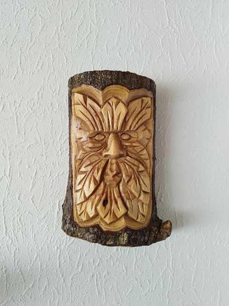 Green Man Cernunnos Pan Pagan God Altar & Wall Decoration Carved in Wood Wicca Witch Magic