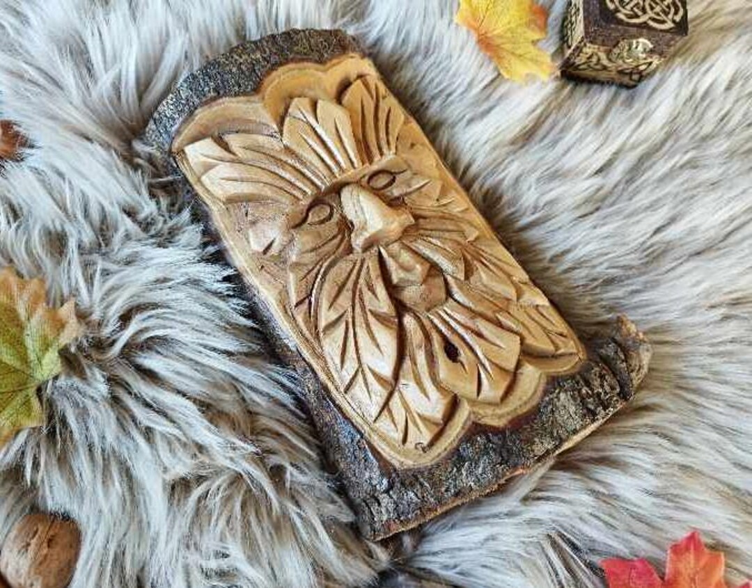 Green Man Cernunnos Pan Pagan God Altar & Wall Decoration Carved in Wood Wicca Witch Magic