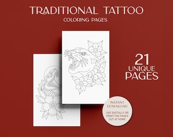 21 Printable Coloring Pages, Traditional Tattoo Coloring Pages, Print at Home Digital Coloring Book for Adults, Adult Coloring Pages