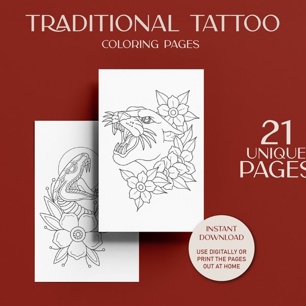 21 Printable Coloring Pages, Traditional Tattoo Coloring Pages, Print at Home Digital Coloring Book for Adults, Adult Coloring Pages