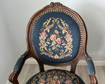 Family Heirloom Antique Armchair--Fabulous Parlor Chair-French Victorian Carved Oak Wood-Charming Floral Needlepoint Upholstery-Unique Gift