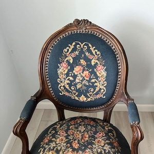 Antique Heirloom French Armchair--Rare Find Parlor Chair-Victorian Carved Oak Wood-Floral Needlepoint Upholstery-Personalized Gift For Mom
