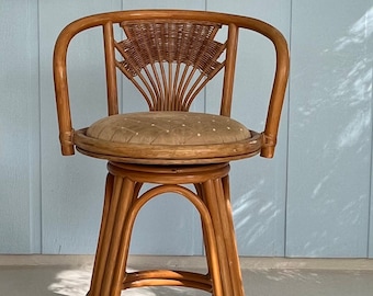 Amazing Hand Craft Rattan Bar Stool-Vintage Bamboo Swivel Stool With Back & Upholstery-Bar Hight Chair Made In Indonesia 1980s-Holiday Gift