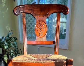 High End Vtg Chair Napoleon Crest-Ornate Caved Slat Back Side Chair Rush Seat-Warm Cherry Wood Frame--Turned Tapering Legs-Nice Holiday Gift