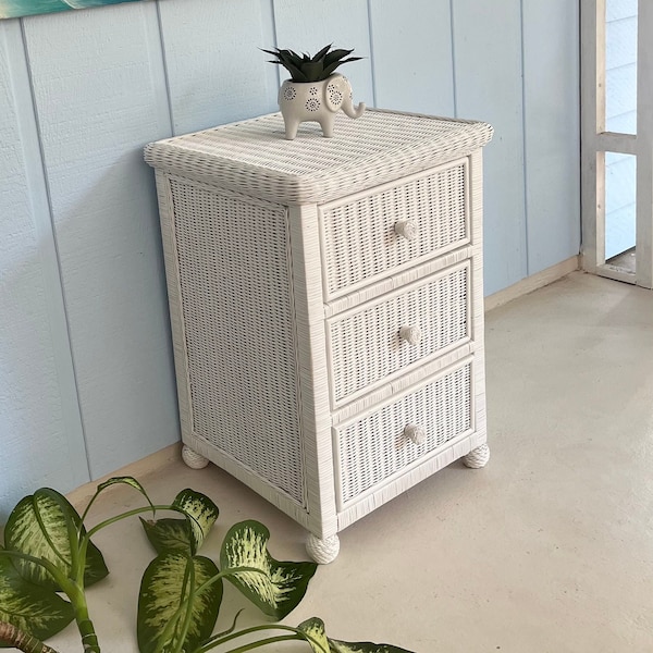 Pretty White Wicker Side/End Table-Vintage Wicker Chest/Nightstand/Dresser-Three Drawers W/ Wicker Pull&Ball Feet-Personalized Gift For Her