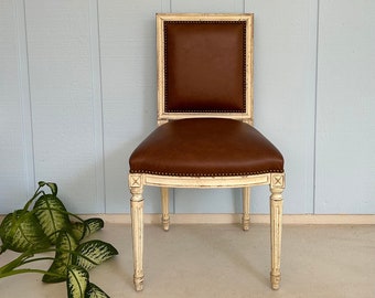 Vtg French Neoclassical Chair-Louis XVI Painted Square Back Wood Dining Side Chair W/ Brown Leather Upholstery-Personalized Holiday Gift