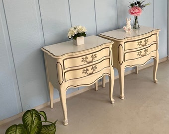 Elegant French Provincial Nightstands-Vintage Beige & Gold Bedside Table-Curved Top-Two Drawers- cabriole Legs-Personalized Gift For Mom