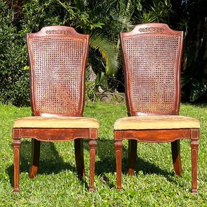 May include: Two vintage cane-back dining chairs with a wood frame and a beige upholstered seat. The chairs are in good condition and have a classic design.