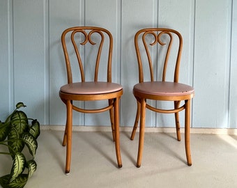 Pair Thonet Bentwood Bistro Chairs-Pink Seat Cafe Chairs-Vtg Shabby Chic Breakfast Side Chairs-Made in Poland-Personalized Gift For Mom