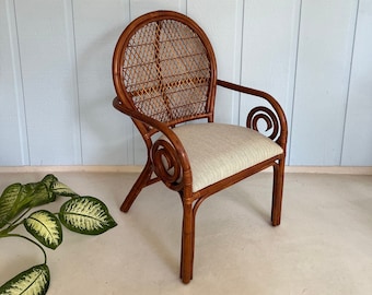 Large Rattan Lounge Chair-Ficks Reed Style Bamboo Bent Circle Arm Chair-VTG Club Dinning Chair-High End Fabric Upholstery-Personalized Gift
