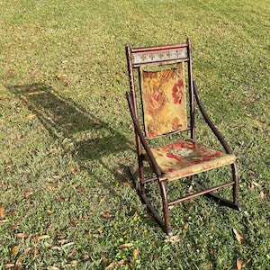 Victorian Faux Bamboo Rocker-Kid Size Rocking Chair-Antique Bent Wood Rocker Collection-Reddish Color-Floral Tapestry-Personalized Gift
