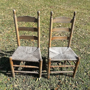 Antique Pair Ladder Back Chairs W/ Rush Seats- High Back Oak Dining Chairs-Vintage Side / End Chairs-Personalized Gifts