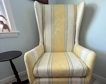Bright Wingback Chair-Yellow, Beige&Blue Stripped Upholstery-Vintage Large Chair-By Omni Interiors-Personalized Gift For Dad-Ship NOT Free