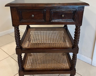British Colonial Style Side Table-Antique Mahogany End Table-Three Tiered Caned Stand-Barley Twist legs-Two Drawers