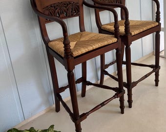 Rare Find Pair Of Mahogany Counter Stools-Solid Wood Bar Stools-Woven Rush Seat-Ornate Carving Back-High Quality Special Armchairs