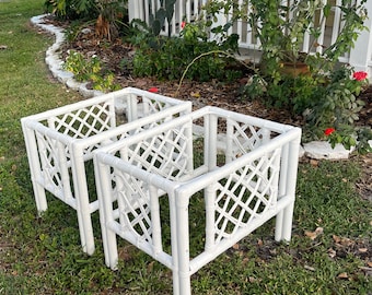 Accent Pair Rattan End Tables W/ Glass Top-High End Bamboo Side Tables-Lattice Fretwork-Painted In White-Personalized Holiday Gift