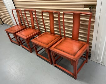 Stunning Set of 4 Chinoiserie Dining Chairs-Coral Red Ming Style Side Chairs-Vintage Oriental Dining Set-Yoke Back Silhouette-Christmas Gift