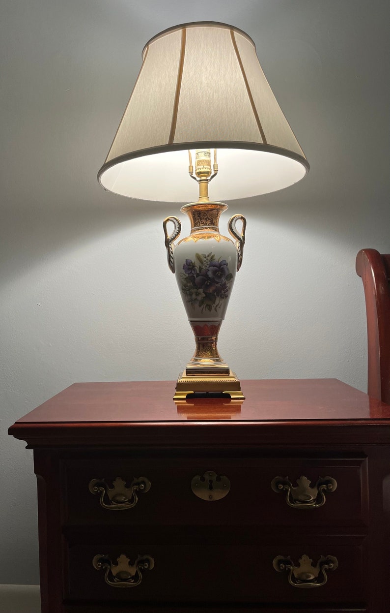 Exquisite Pair Urn Lamps W/ Shades by Frederick Cooperswan Handles