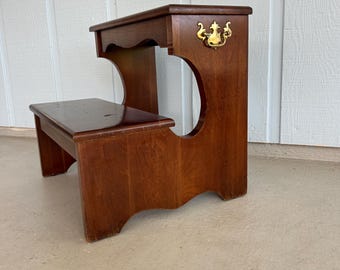 VTG Solid Wood Step Stool W/ Brass Handles-Georgian Style Bed/Library Step Stool-Cherry/Mahogany Finish-Display Shelves-Tiered Plant Stand