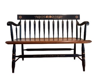Gorgeous Hitchcock Black&Maple Bench-Floral Motif  Stencil Settee-Vintage Windsor Bench-High Quality Family Heirloom Furniture W/ Brand Mark