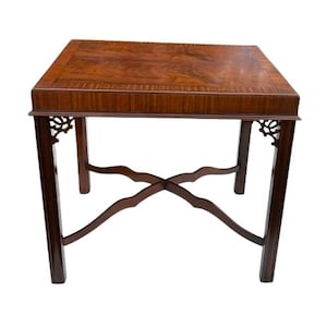 Rare Find Antique Tea Table-Flame Mahogany Card Table-Chippendale Style Coffee Table-Bookmatched Top-Arched Stretcher-Charming Fretwork