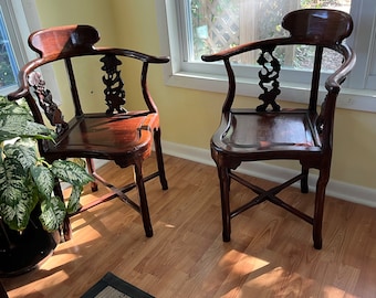Oriental Pair HandCarved Corner Chairs-Asian Accent Rosewood Armchairs-High Quality Vtg 1960s Chinoiserie Chairs-Personalized Gift