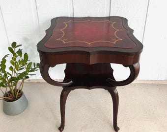 Genuine Red Leather Top Side Table-Solid Mahogany Two Tier Drum Table-Gold Tooling-Scalloped Edge Lamp Stand-Regency Style Foyer Table