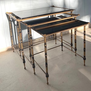 Set Of 3 French Nesting tables-Brass Stacking Tables-Smoked Black Glass-Vintage Faux Bamboo Coffee Side Tables-Personalized Gift