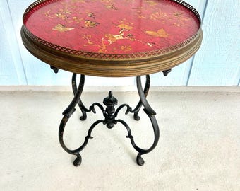 Antique Chinoiserie Red Lacquer Tray-Top Table I Ornate Cast Iron Base Coffee/Tea Table I Vintage English/French Accent Round Table