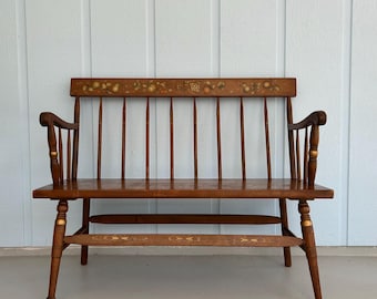Vintage L. Hitchcock Hall Bench: 1970s Black & Gold Stenciled