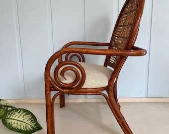 Beautiful Vintage Rattan Lounge Chair-Bamboo Bent Circle Arm chair-Club Dinning Chair-High End Fabric Upholstery-Personalized Gift