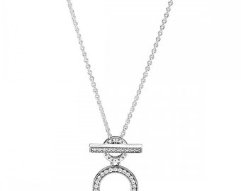 Double Hoop Pandora T-bar Necklace Experience Uniqueness with Pandora Logo Necklace - Logo on Both Sides 45cm Long Chain Elevate Your Look