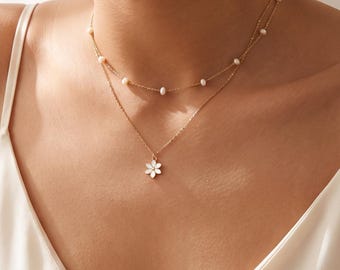 Pearl Flower Necklace, Layered Gold Chain, Gift for Her S925