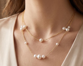 Layered Pearl Necklace, Double Chain Station, Gift for Her