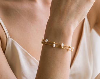 Dainty Pearl Bracelet, Two Layer Gold Chain, Bridesmaid Gift