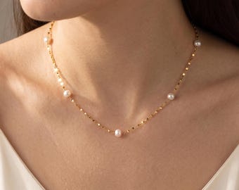 Freshwater Pearl Station Necklace, Beaded Gold Chain, Gift for Her