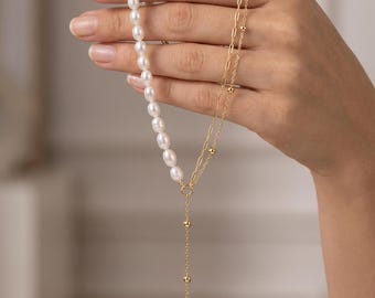 Layered Pearl Necklace, Strand and Y Chain Baroque Drop , Wedding Gift
