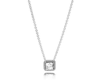 Pandora Square Sparkle Halo Necklace S925 Elegance Halo Sparkling Square Pendant Necklace, 45cm Chain A Modern and Timeless Gift for Her