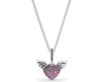 Pandora Purple Heart Angel Wings Necklace Artisan Crafted S925 Silver Wings Pendant with Pink Stones: Adjustable 45cm for Freedom Lovers