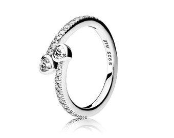 PANDORA Silver Two Hearts Ring Celebrate Love, Sparkle Hand-Finished Heart Ring with Sparkling Zirconia Unique Jewelry Piece for Birthdays