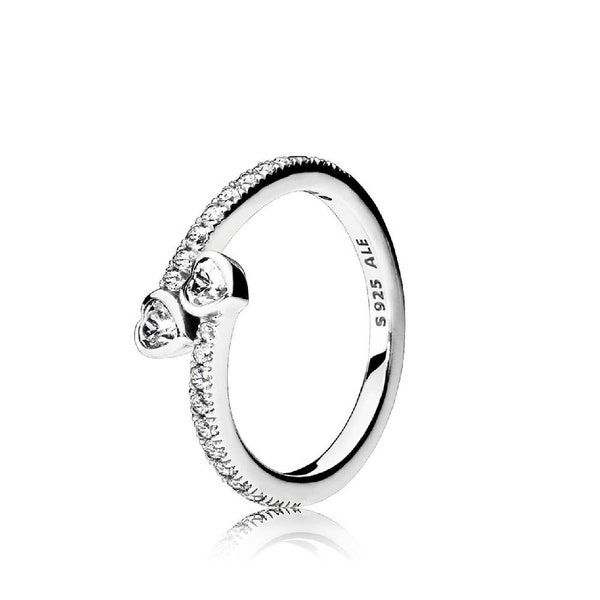 PANDORA Silver Two Hearts Ring Celebrate Love, Sparkle Hand-Finished Heart Ring with Sparkling Zirconia Unique Jewelry Piece for Birthdays