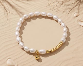 Freshwater Pearl Charm Bracelet, Gold Bar and Bell, Gift for Her