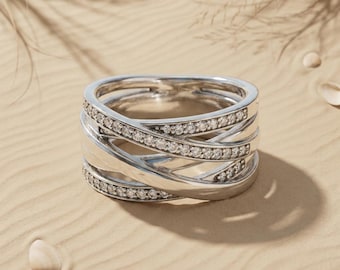Sterling Silver Entwined Rows Ring with Cubic Zirconia, Contemporary Statement Piece