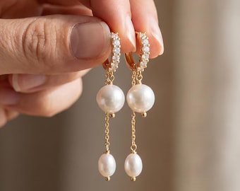 Long Pearl Earrings, CZ Huggie Chain Drop, Wedding Gift
