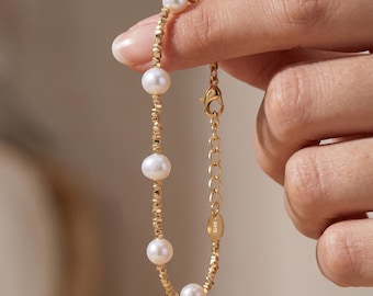 Textured Gold Nugget Bracelet, Freshwater Pearl Bracelet, Gift for Her