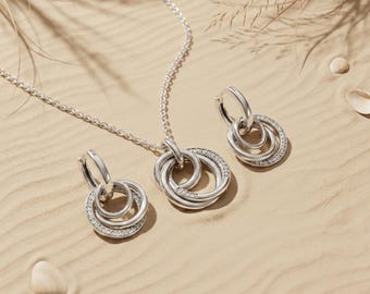 Interlocking Circles Necklace and Hoop Earrings Gift Set with Crown O Monogram