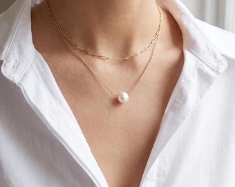 Layered Pearl Necklace, Double Gold Chain, Floating Pearl Gift
