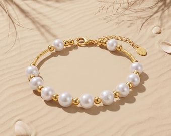 Freshwater Pearl Bracelet, Twisted Rope Gold Chain, June Birthstone Gift